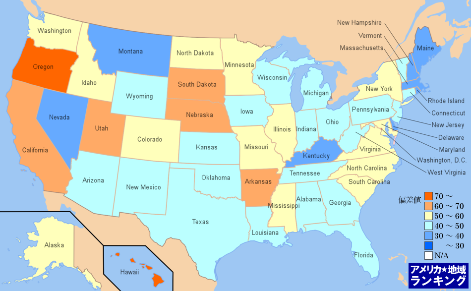 全米・死因にしめるぜんそくの割合ランキングマップ（州別）