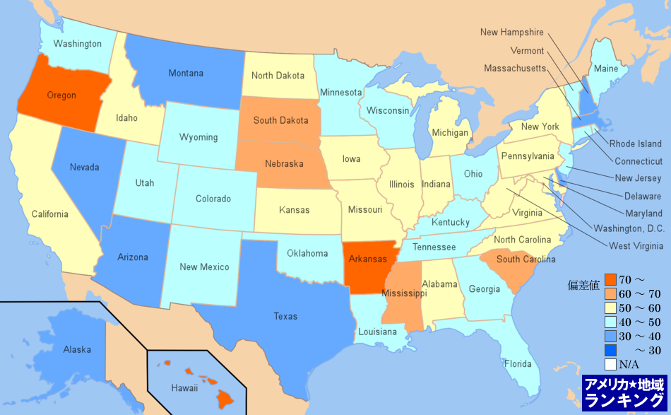 全米・人口100万人あたりのぜんそくによる死亡数ランキングマップ（州別）