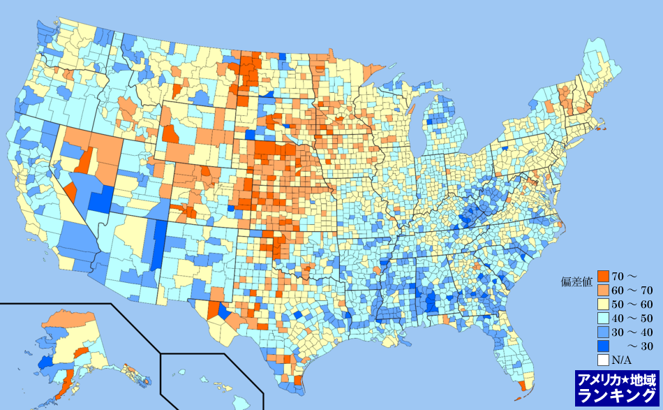 全米・人口にしめる有職者の割合ランキングマップ（郡別）