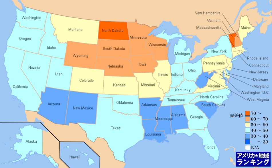 全米・人口にしめる有職者の割合ランキングマップ（州別）