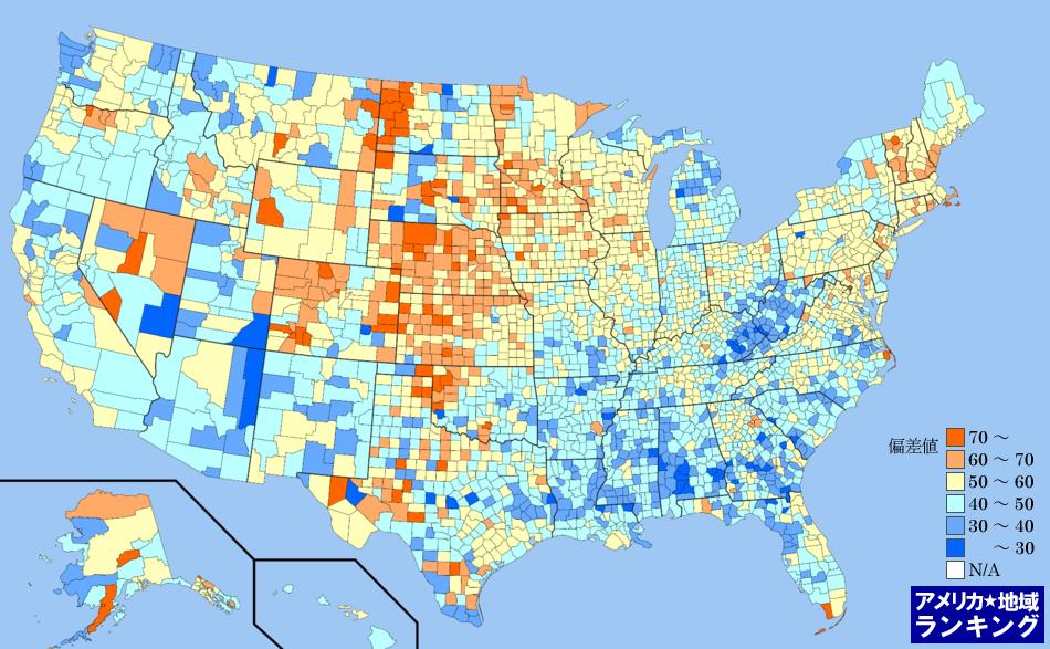 全米・人口にしめる労働力人口の割合ランキングマップ（郡別）
