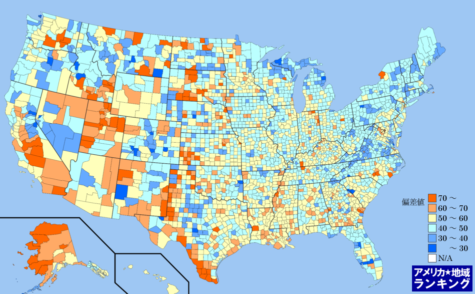 全米・出生率(2010年7月～翌年6月末)ランキングマップ（郡別）