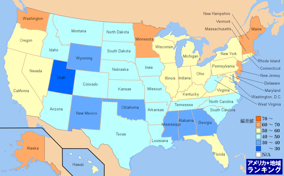 全米・死因にしめるがんの割合ランキングマップ（州別）