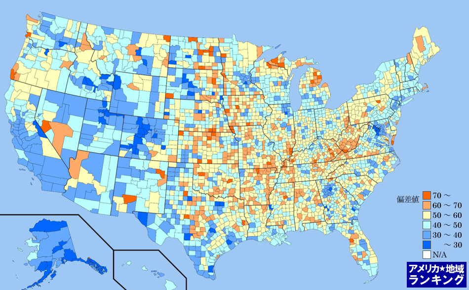 全米・死亡率(2010年7月～翌年6月末)ランキングマップ（郡別）