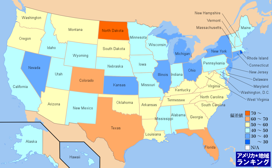 全米・人口にしめる国内からの移住割合(2010年7月～翌年6月末)ランキングマップ（州別）