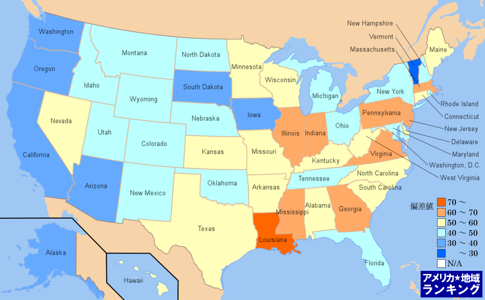 全米・死因にしめる腎疾患の割合ランキングマップ（州別）