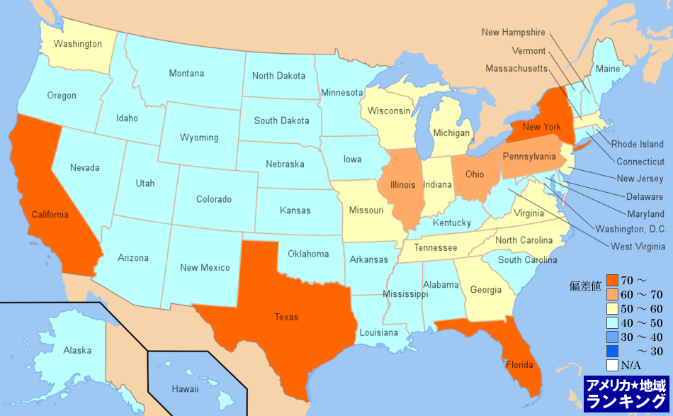 全米・白血病による死亡数ランキングマップ（州別）