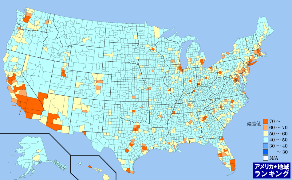 全米・出生数(2010年7月～翌年6月末)ランキングマップ（郡別）