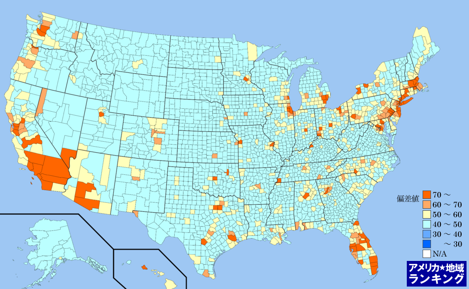 全米・死亡数(2010年7月～翌年6月末)ランキングマップ（郡別）