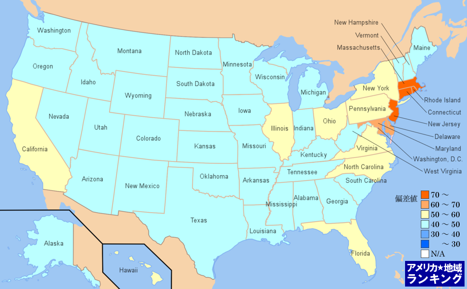 全米・首都以外の人口密度ランキングマップ（州別）