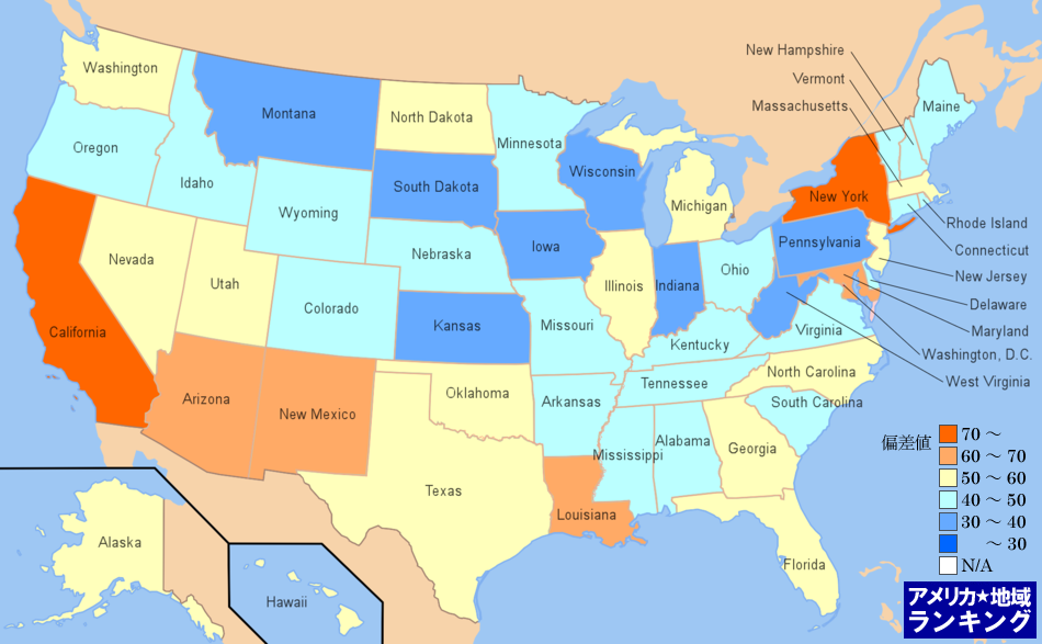 全米・[小売業]雑貨店の被雇用者の年収ランキングマップ（州別）
