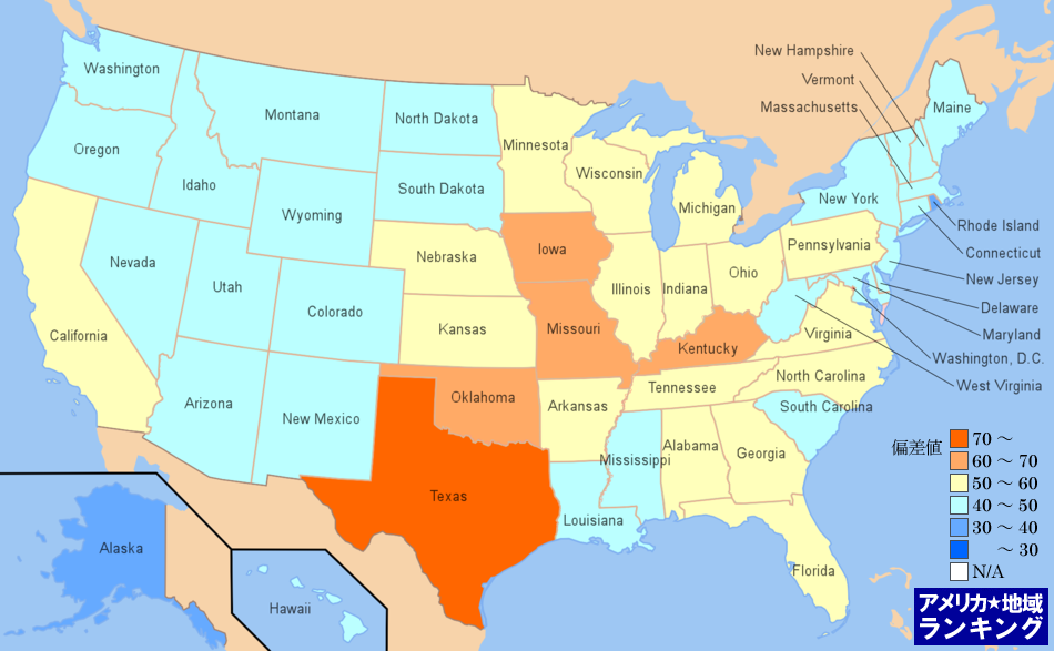 全米・農場経営者数ランキングマップ（州別）