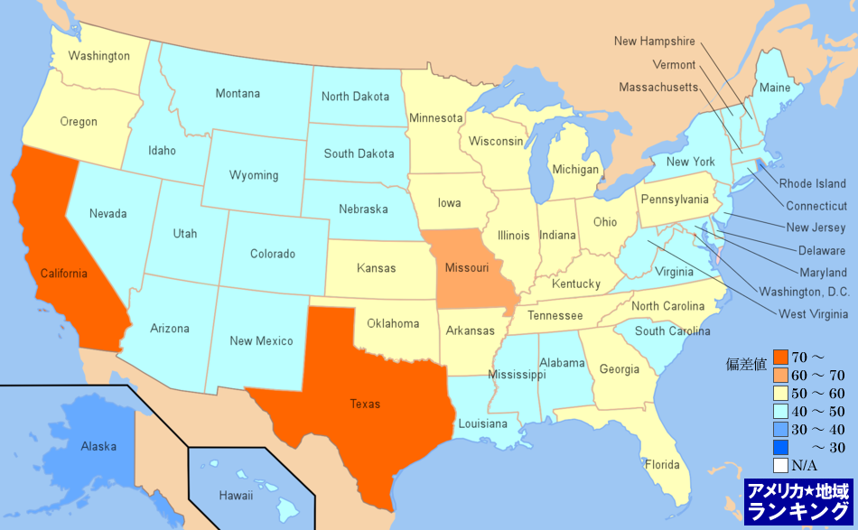 全米・農場の従業者数ランキングマップ（州別）