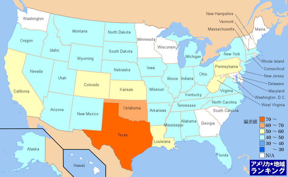全米・鉱業の従業者数ランキングマップ（州別）