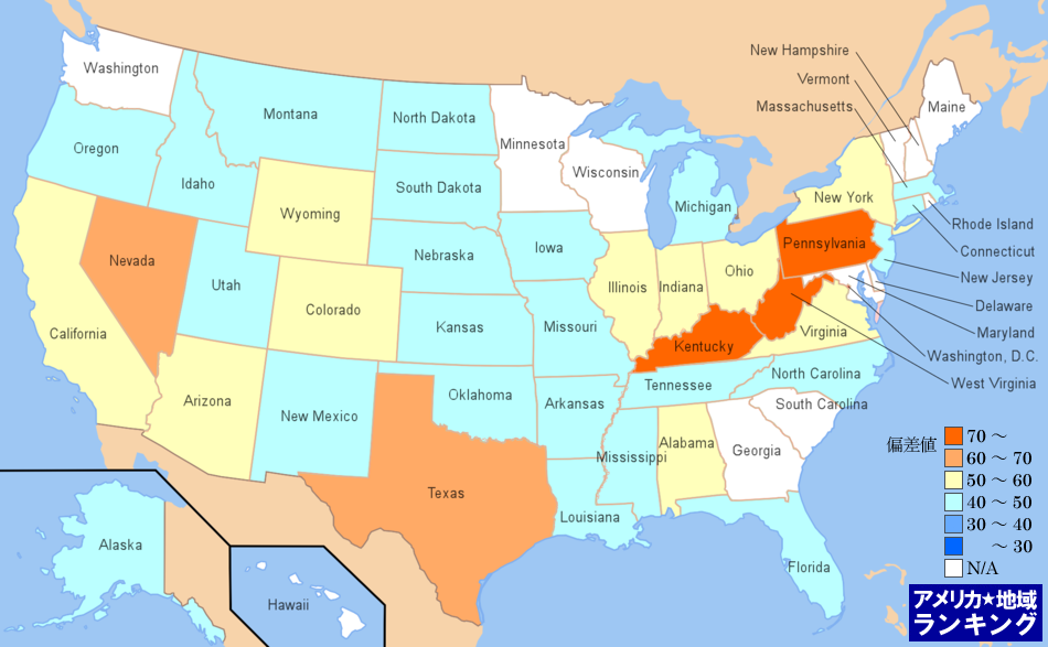 全米・[鉱業]採鉱業の従業者数ランキングマップ（州別）