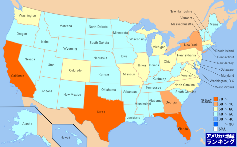 全米・[情報産業]通信業の従業者数ランキングマップ（州別）
