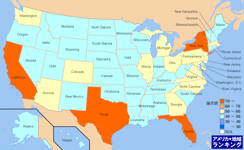 全米・不動産業・レンタル・リース業の従業者数ランキングマップ（州別）