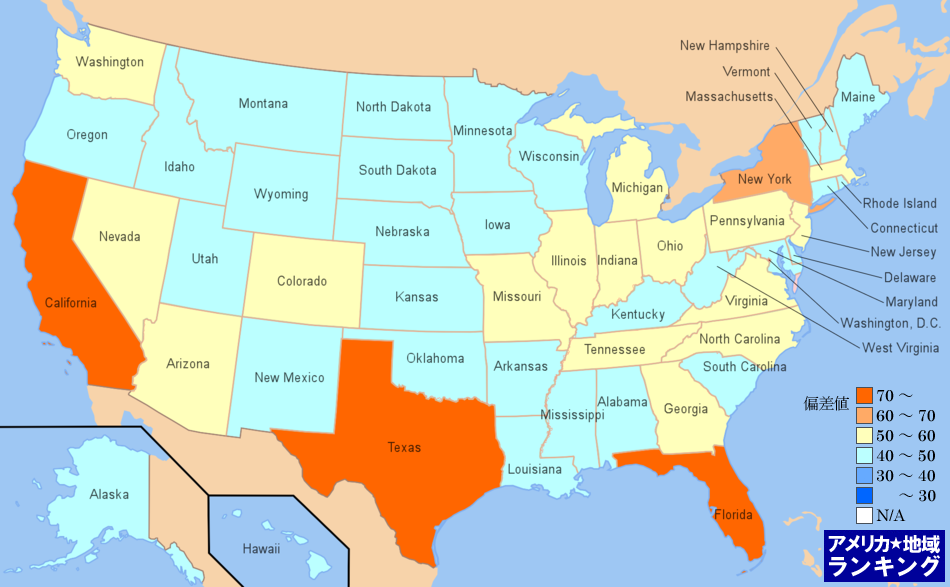 全米・宿泊・飲食業の従業者数ランキングマップ（州別）