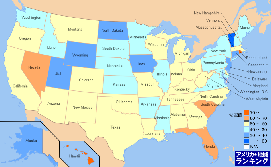 全米・労働者にしめる[宿泊・飲食業]飲食店従事者の割合ランキングマップ（州別）