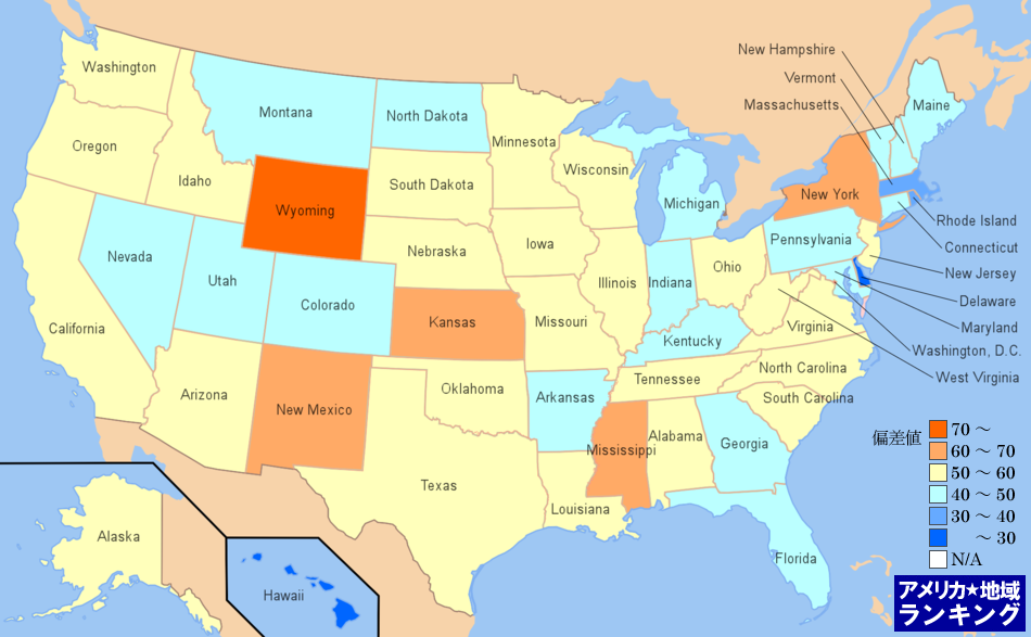 全米・労働者にしめる[州・地方行政]地方行政従事者の割合ランキングマップ（州別）