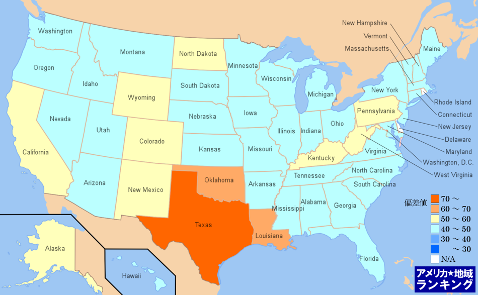 全米・鉱業の雇用件数ランキングマップ（州別）