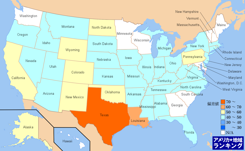 全米・[鉱業]鉱業支援の雇用件数ランキングマップ（州別）