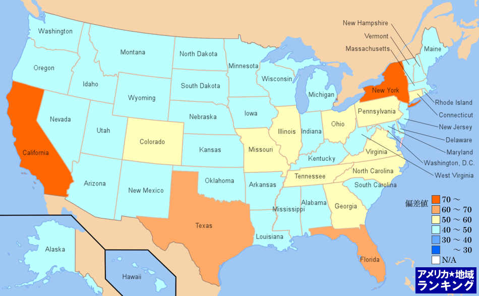 全米・[情報産業]放送業の雇用件数ランキングマップ（州別）