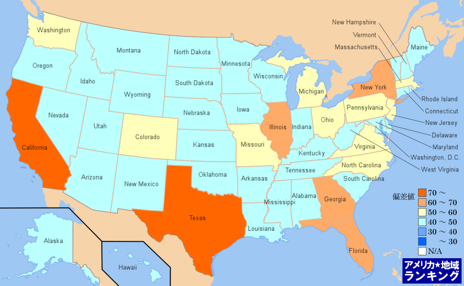 全米・[情報産業]通信業の雇用件数ランキングマップ（州別）