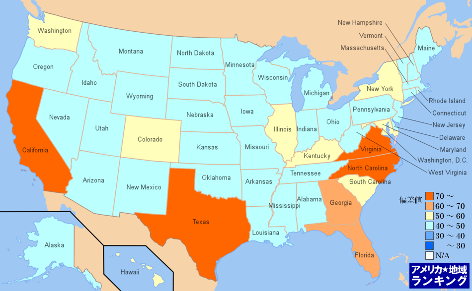 全米・[政府・行政]アメリカ軍の雇用件数ランキングマップ（州別）