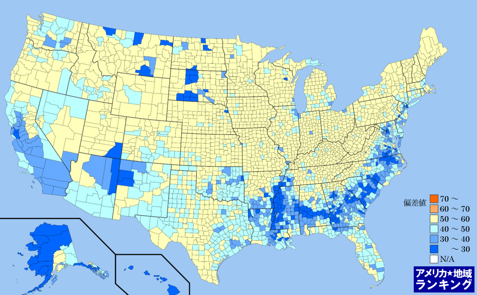 全米・白人比率ランキングマップ（郡別）