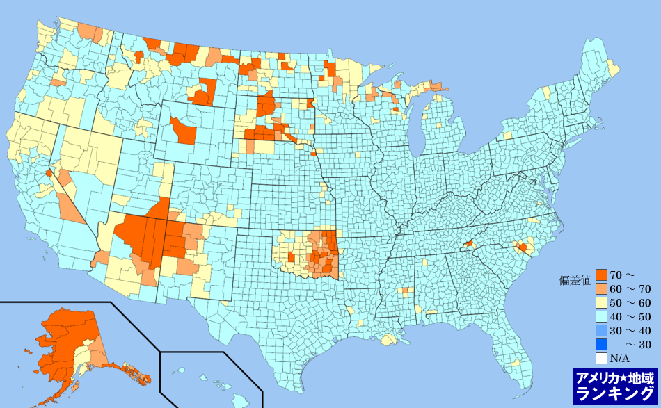 全米・アメリカ先住民比率ランキングマップ（郡別）