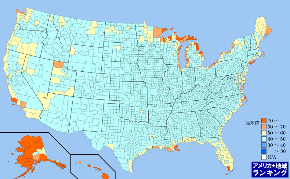 全米・水地面積ランキングマップ（郡別）
