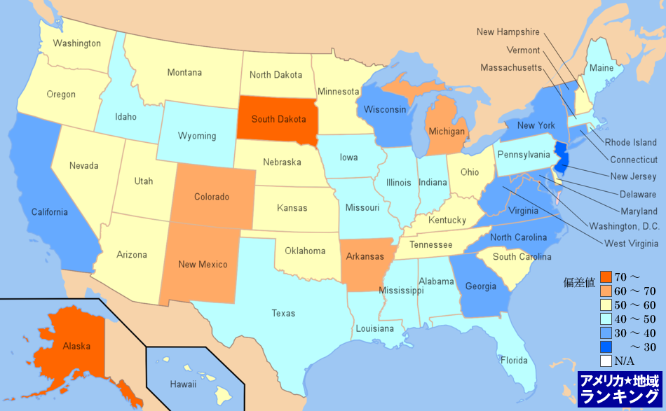 全米・人口10万人あたりの婦女暴行件数ランキングマップ（州別）