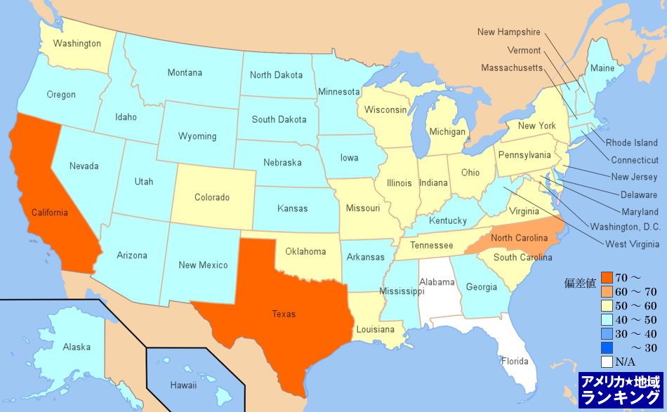 全米・素手による殺人件数ランキングマップ（州別）