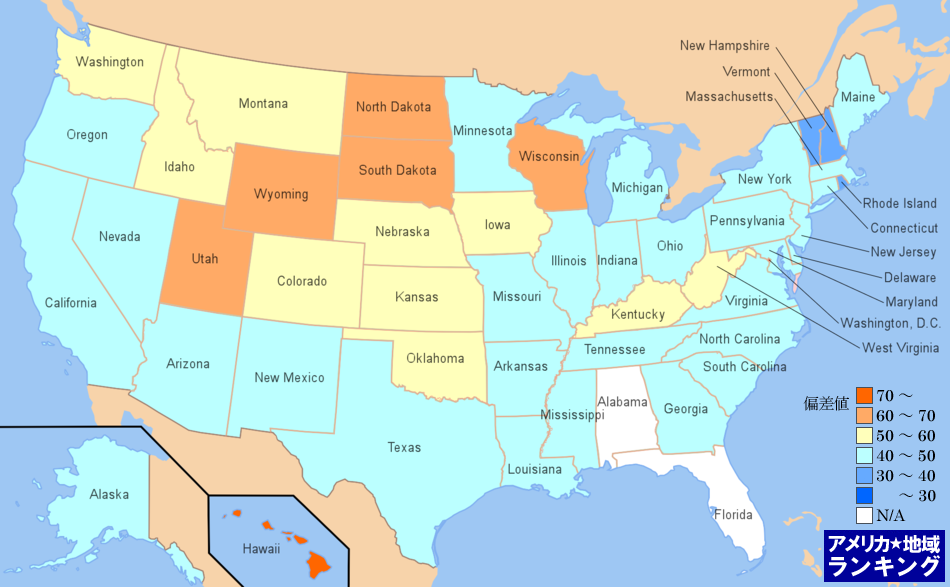 全米・殺人にしめる素手による殺人の割合ランキングマップ（州別）