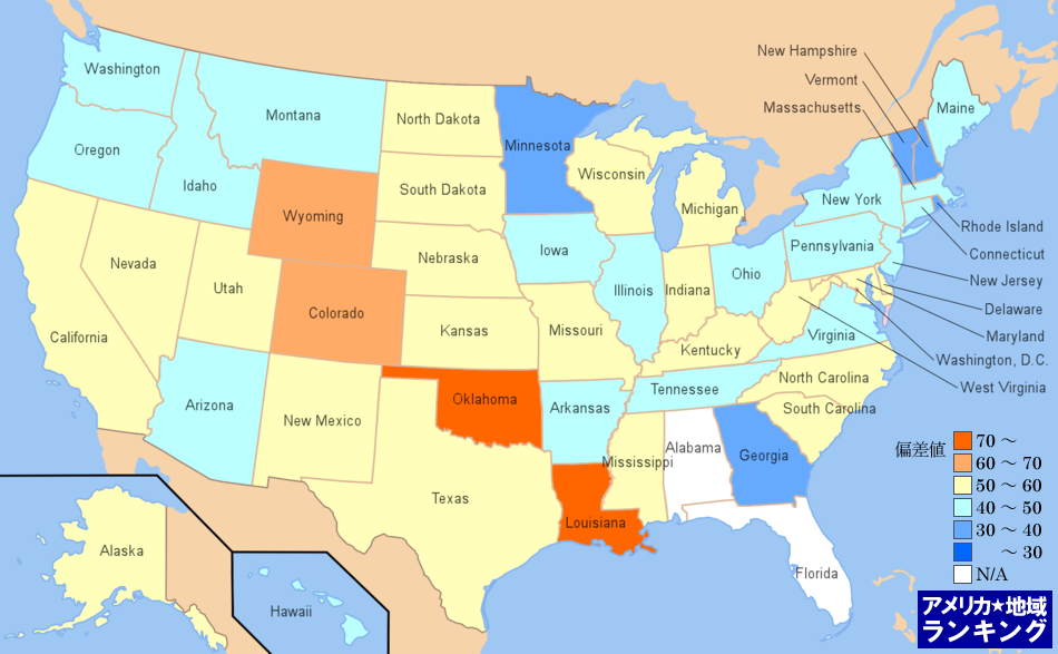 全米・人口100万人あたりの素手による殺人件数ランキングマップ（州別）
