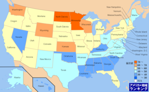 アメリカ・死因にしめる白血病の割合ランキングマップ（州別）